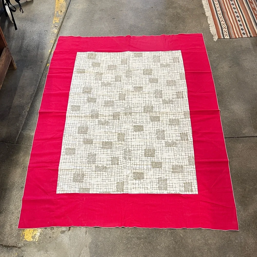 Vintage Tablecloth red 9” edge with cream & soft faded metallic insert